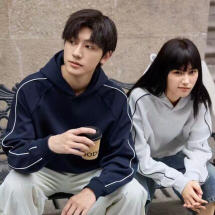 380g Retro Cotton Patchwork Drawstring Drop Shoulder Hoodie