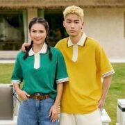 Contrast Jacquard Flat Knit Collar Loose Color Block Polo — изображение 4