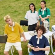 Contrast Jacquard Flat Knit Collar Loose Color Block Polo — изображение 3