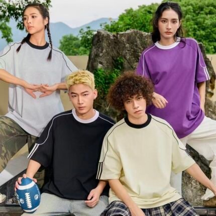 Contrast Trim Drawstring Webbing Stripe Streetwear Drop Shoulder Crew Neck