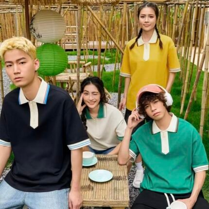 Contrast Jacquard Flat Knit Collar Loose Color Block Polo