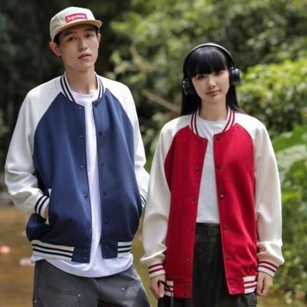 380g Retro Trendy Cotton Contrast Color Raglan Sleeve Baseball Jacket