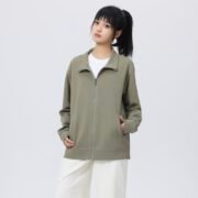Open Front Stand Collar Zip Pixel Plaid Sweatshirt (260G) - Image 3