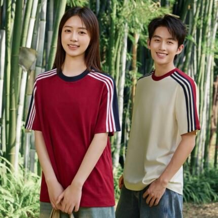 40S 220G Color Contrast Webbing Stripe Crew Neck T-shirt