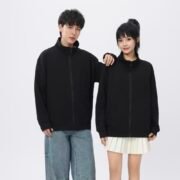 Open Front Stand Collar Zip Pixel Plaid Sweatshirt (260G) - Image 2