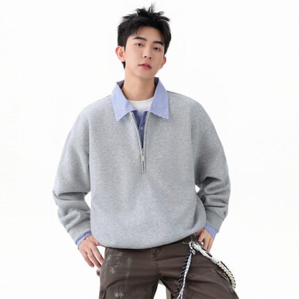 Men's Solid Half-Zip Mock Two-Piece Sweatshirt, Loose Lapel Casual Pullover