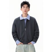 Men's Solid Half-Zip Mock Two-Piece Sweatshirt, Loose Lapel Casual Pullover - Image 2